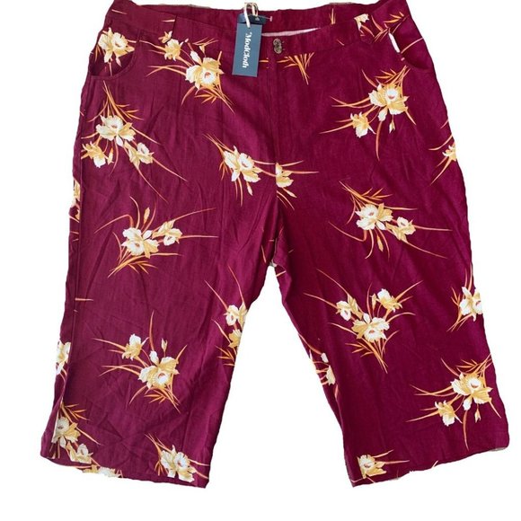 Modcloth Burgundy Tropical Print Linen Blend Wide Leg Capris Si…NEW/TAGS - Picture 3 of 7
